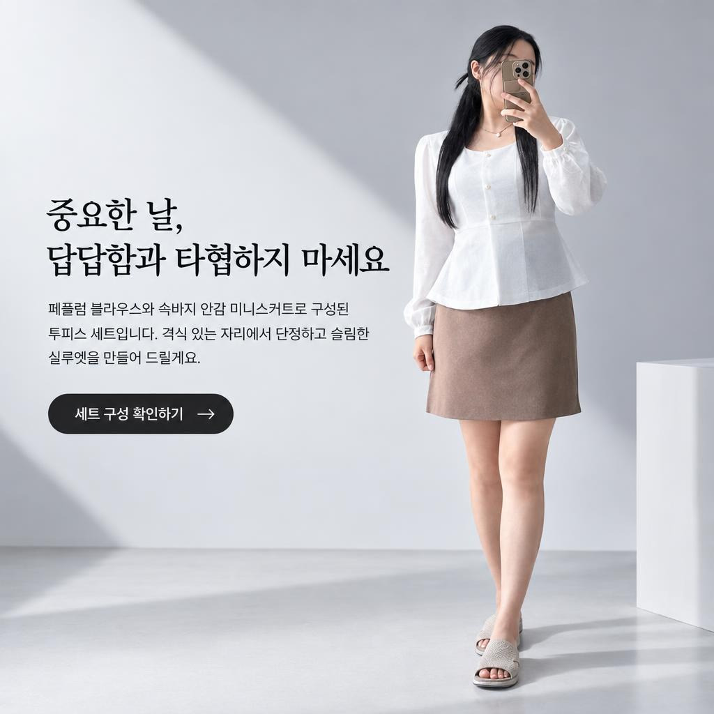 상세페이지 히어로 섹션 샘플 - 블라우스 세트를 입은 모델 컷